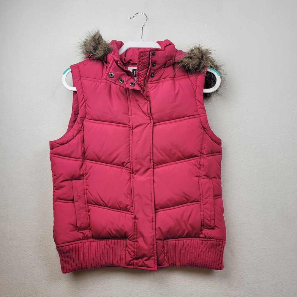 Vintage‎ Gap Womens Pink Faux Fur Removable Hood Down Puffer Vest Size Medium